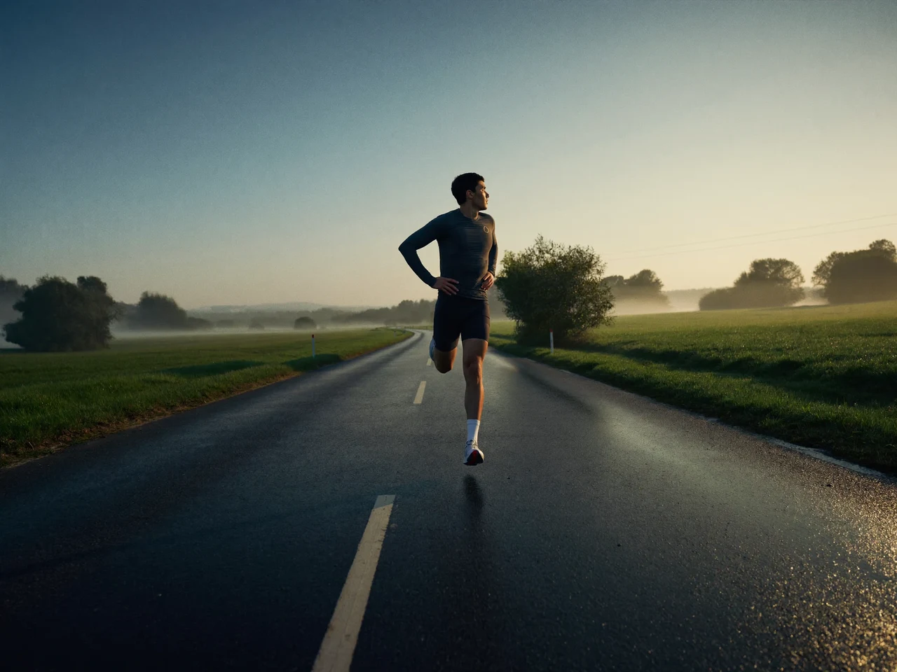 Läufer in dunkler Sportkleidung bei Sonnenaufgang auf einer leeren Schweizer Landstrasse, Illustration