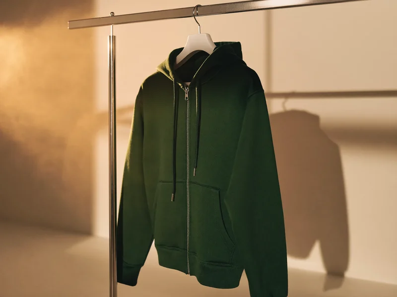 Waldgrüner Zip-Hoodie auf einer Stahlstange in einem hellen, minimalistischen Studio, Illustration