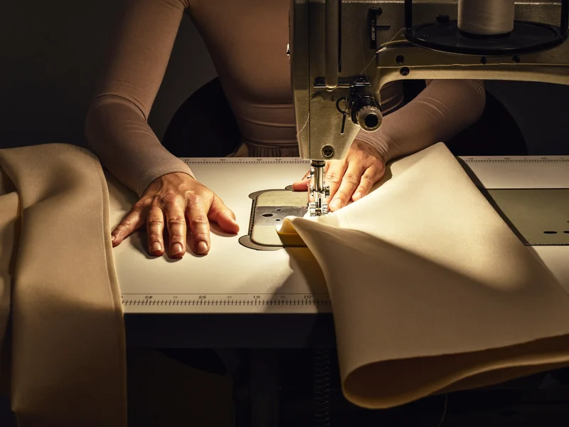 Hände führen Funktionsstoff durch eine Industrienähmaschine in einer aufgeräumten Werkstatt, Illustration